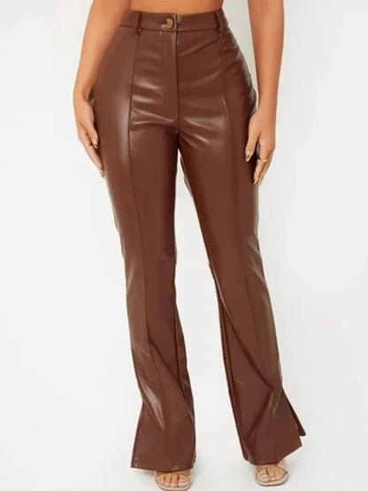 Vintage Matte Leather Trousers Women High Waist Brown Stretch PU Slim Pants Hem Side Split Ladies Bodycon Leggings