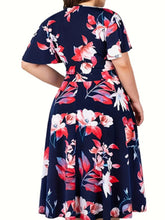 Load image into Gallery viewer, Plus Size Floral Print Cinched Waist Dress, Elegant Short Sleeve Dress For Spring &amp; Summer, Women&#39;s Plus Size Clothing
