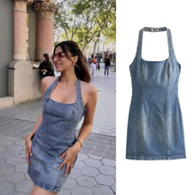 Load image into Gallery viewer, Summer temperament casual sexy backless halter neck slim fit denim dress short skirt
