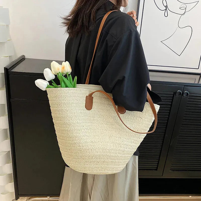 Women's Large Capacity Shoulder Bag Summer Straw Woven Basket Handbag Fashion Female Luxury Designer Beach Bag - Shop & Buy