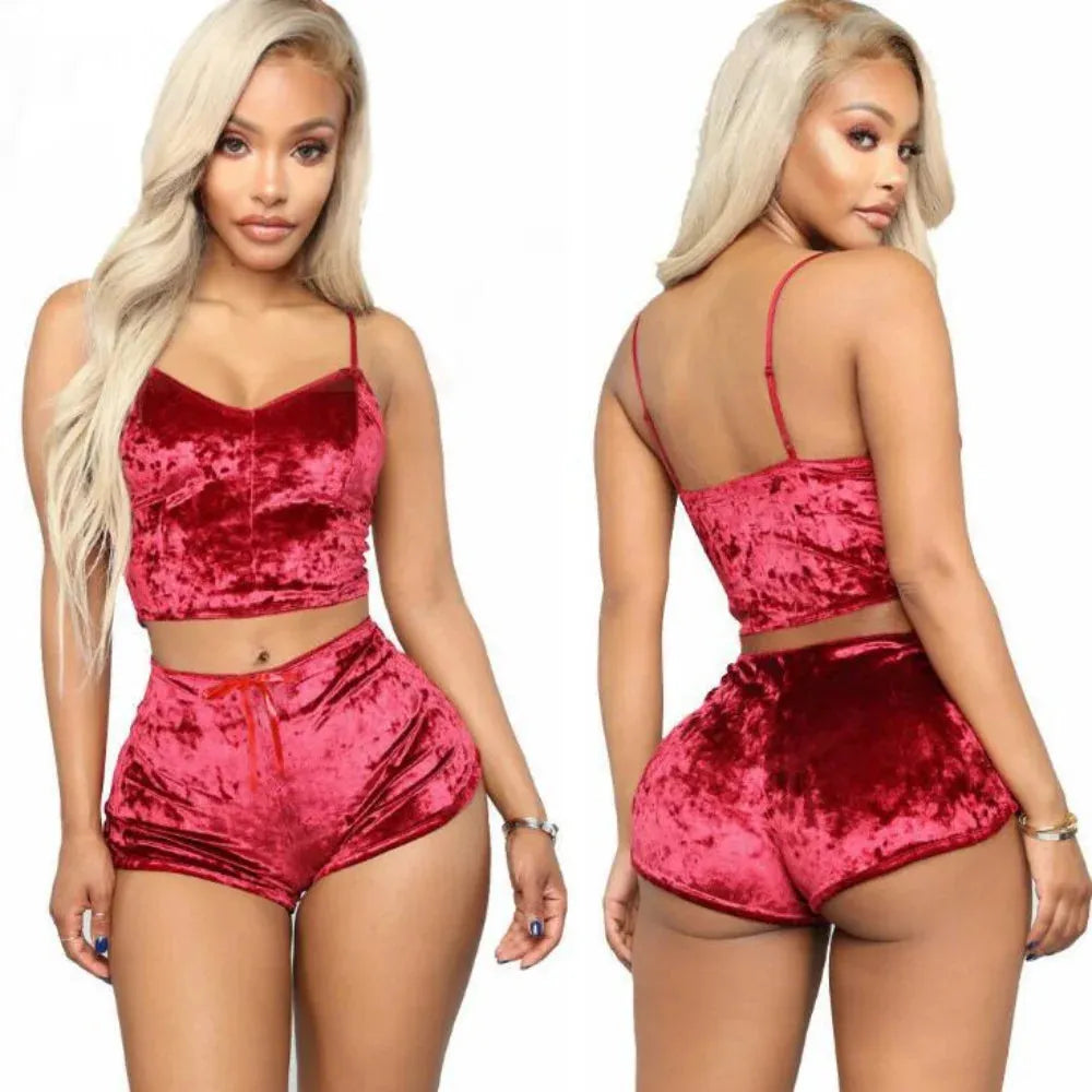 Women's Velvet Polyester Comfortable V-neck Underwear Setcamisole+shorts Pajamas Set - Shop & Buy