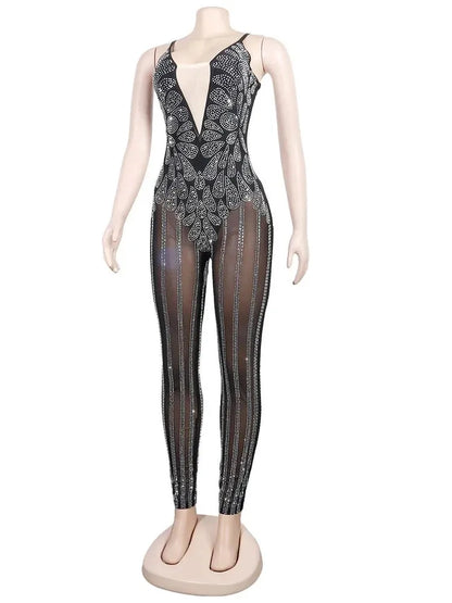 Women's Sparkle Black Rhinestone Spaghetti Straps Jumpsuits Glam Sleeveless Sheer Mesh Crystal Romper Clubwear - Shop & Buy