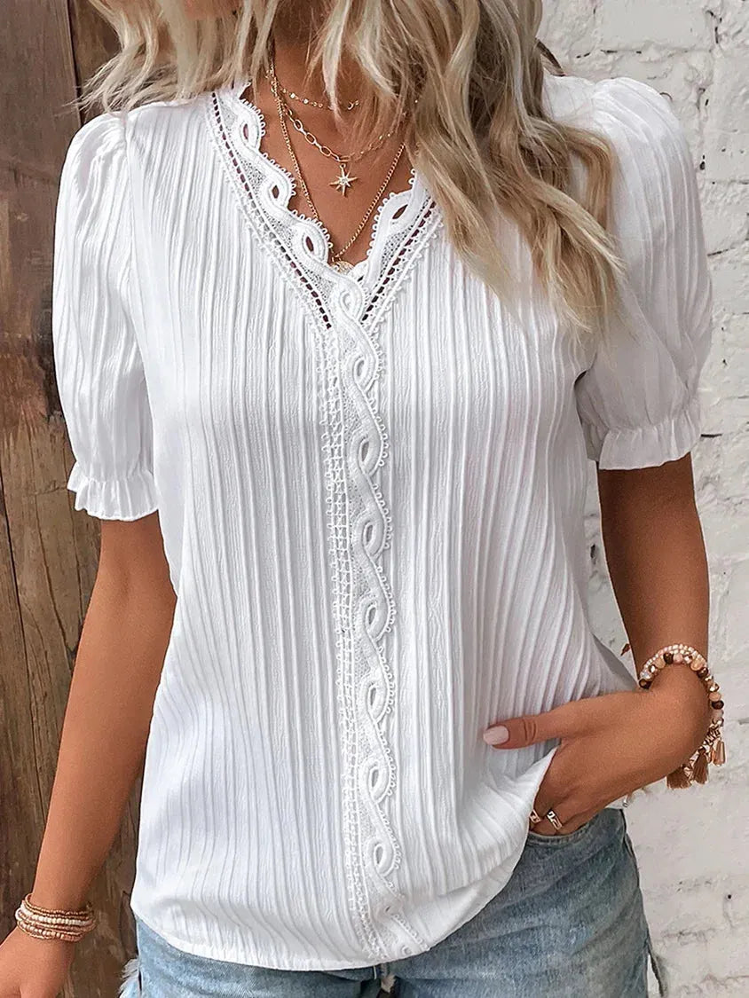 Women's Summer New Top Solid Sexy V-Neck Hollow Short Sleeve Shirt Fashion Splice Plus Size Blouse - Shop & Buy