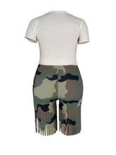 Load image into Gallery viewer, Plus Size Shorts Set Camo Tassel Y2k Graphics Top Shorts Set Femme Short Sleeve Two Pieces Set
