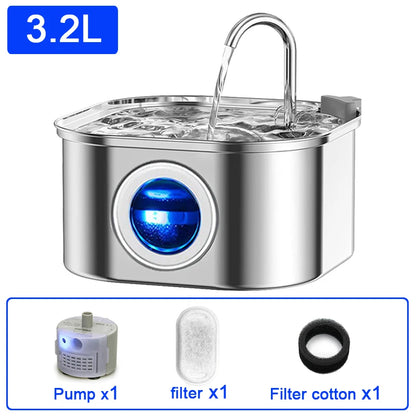 108oz/3.2L Cat Water Fountain, Stainless Steel Pets Cat Water Dispenser with LED Light Silent Pump Automatic Fountain for Cat Dog