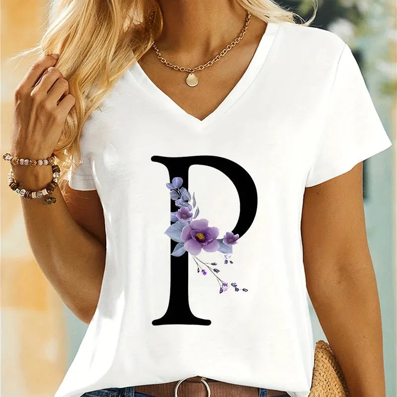 Women's Clothing A-Z 26 Alphabet Flower Premium Summer T-shirt - Shop & Buy