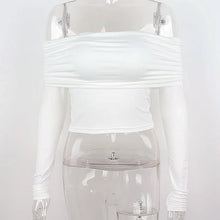 Load image into Gallery viewer, Women Off Shoulder Long Sleeve Slim Tops and Blouses Mesh Ruched Crop Tops
