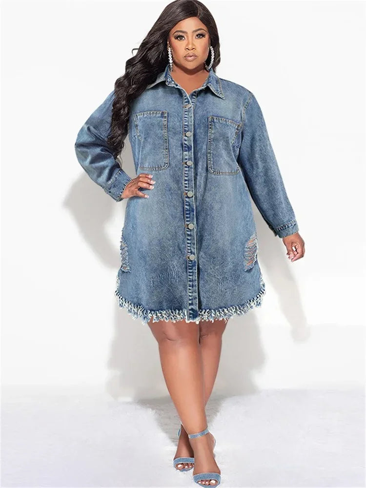 Plus Size Denim Dresses Women Long Sleeve Casual Button Pockets Midi Dress New in Fall Clothes