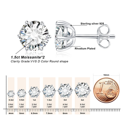 Moissanite D Color Total 0.6ct 1ct 2ct 3ct 4ct 6ct S925 Sterling Silver Stud Earrings for Woman