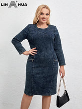 Load image into Gallery viewer, Women&#39;s Plus Size Denim Dress Round Neck Autumn Chic Elegant Dresses For Chubby Women Woven Cotton Dress
