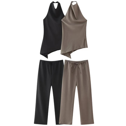 Sets For Women 2 Pieces Satin Pant Sets New Matching Sets Autumn Asymmetric Crop Halter Top Lace-Up High Waist Trousers Set