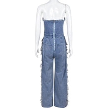 Load image into Gallery viewer, Vintage Hole Tassel Denim Jumpsuit Women New Fashion Sexy Off The Shoulder V Neck Rivet Club Party Romper Y2K One Pieces