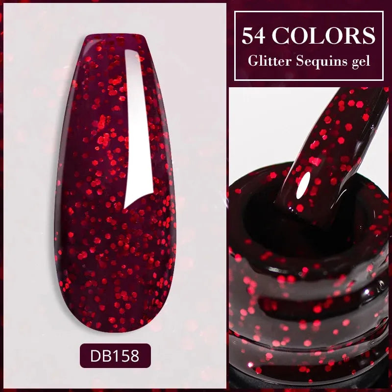 6PCS/Set Red Gel Nail Polish Set Glitter Sequins Semi Permanent Base Matte Top Coat Soak Off LED UV Nail Art Gel Varnish - Shop & Buy