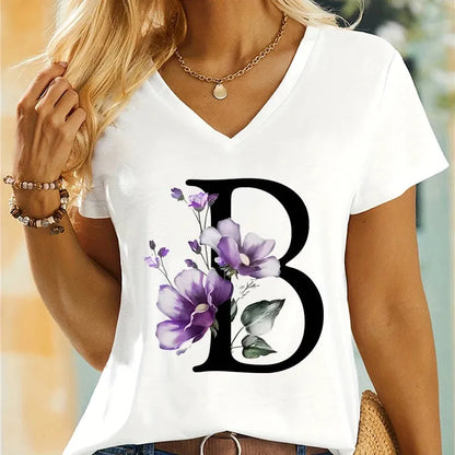 Women's Clothing A-Z 26 Alphabet Flower Premium Summer T-shirt - Shop & Buy