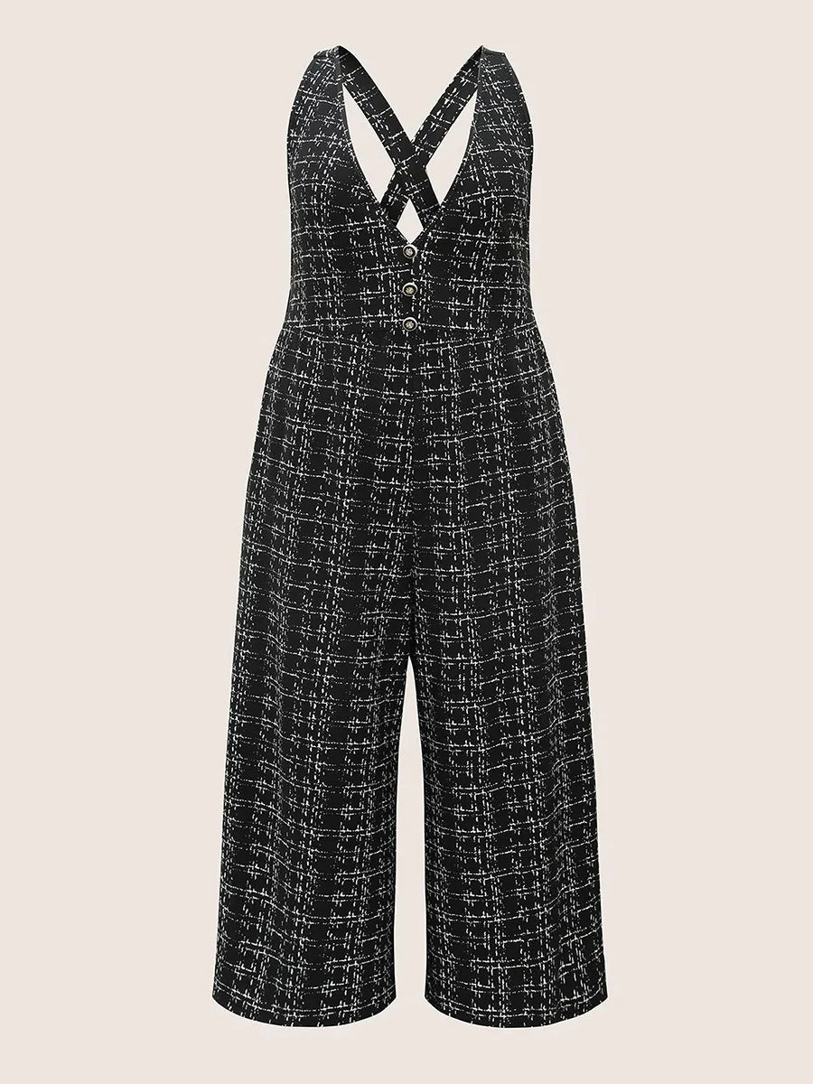 Women Plaid Plus Size Jumpsuit with Spaghetti Straps and Belted Waist Casual Wide Leg Overalls with Pockets and Buttons