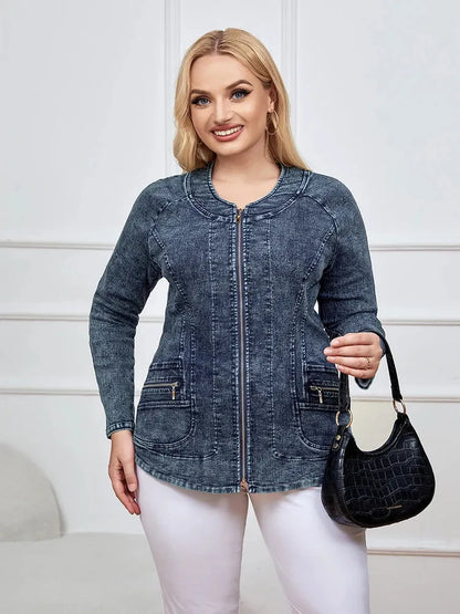 Women's Plus Size Denim Jacket Autumn Chic Elegant Jacket For Chubby Women Cotton Woven Jacket - Shop & Buy