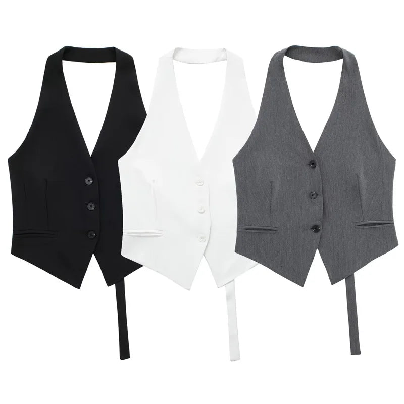 Off Shoulder Vests For Women Backless Halter Neck Sleeveless Vest Woman Summer Vest V Neck Black White Grey Waistcoat Women