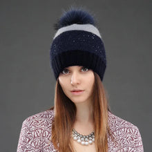 Load image into Gallery viewer, Women Hat Winter Sequins Knitted Rabbit Fur Beanies Fashion Warm Casual Hats With Natural Raccoon Fur Pompom Cap
