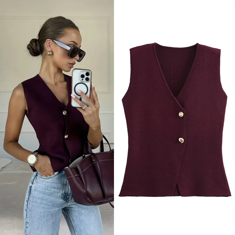 Woman Burgundy Knit Vest Women's Vest Fall Crop Sleeveless Waistcoat Bustier V Neck Sweaters