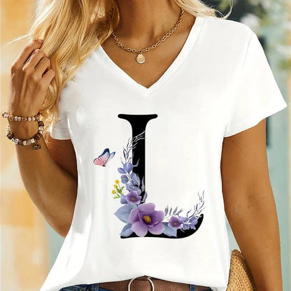 Women's Clothing A-Z 26 Alphabet Flower Premium Summer T-shirt - Shop & Buy