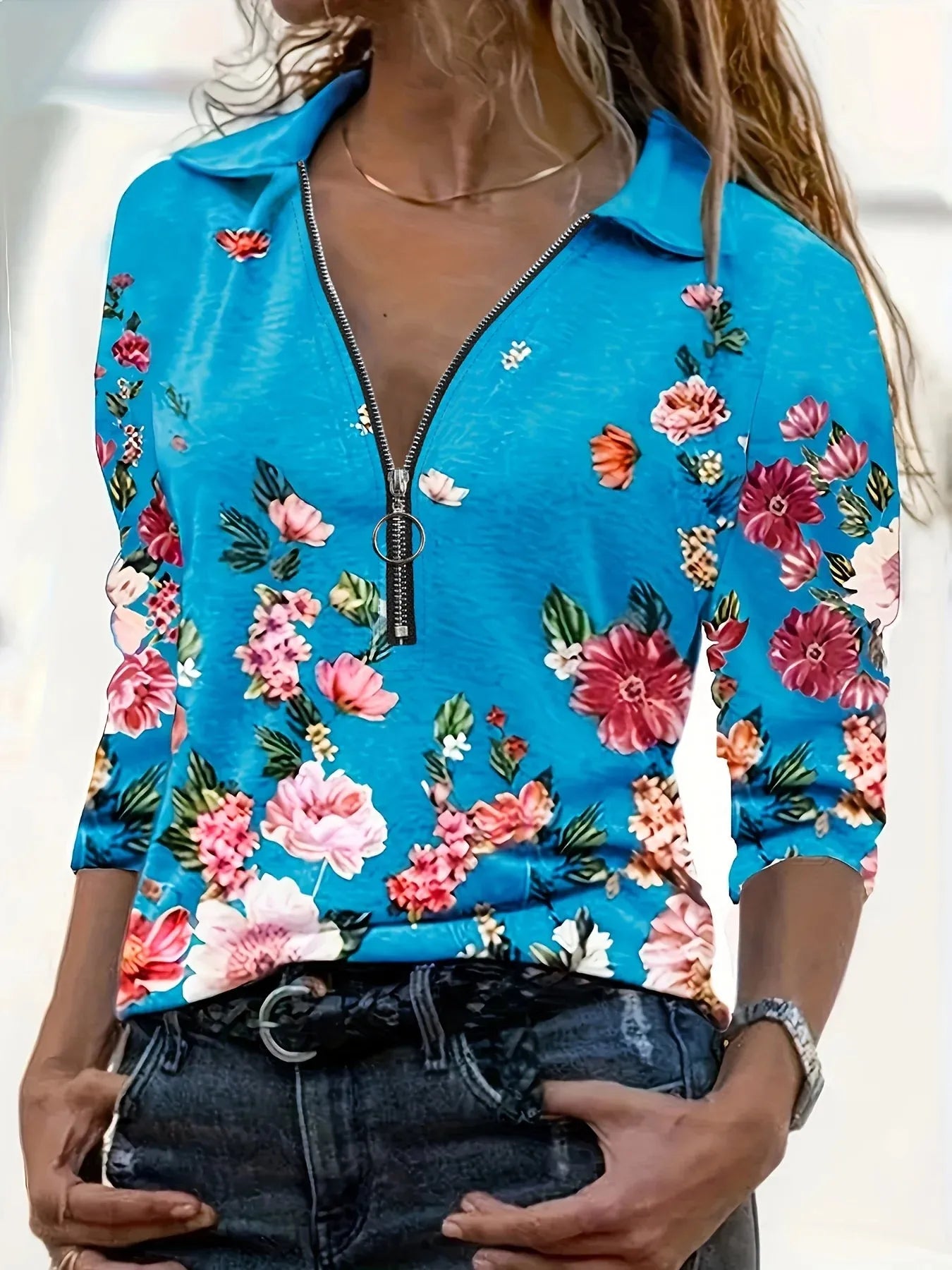 Women's Fashion Zipper Flower Print Long sleeved Top - Shop & Buy