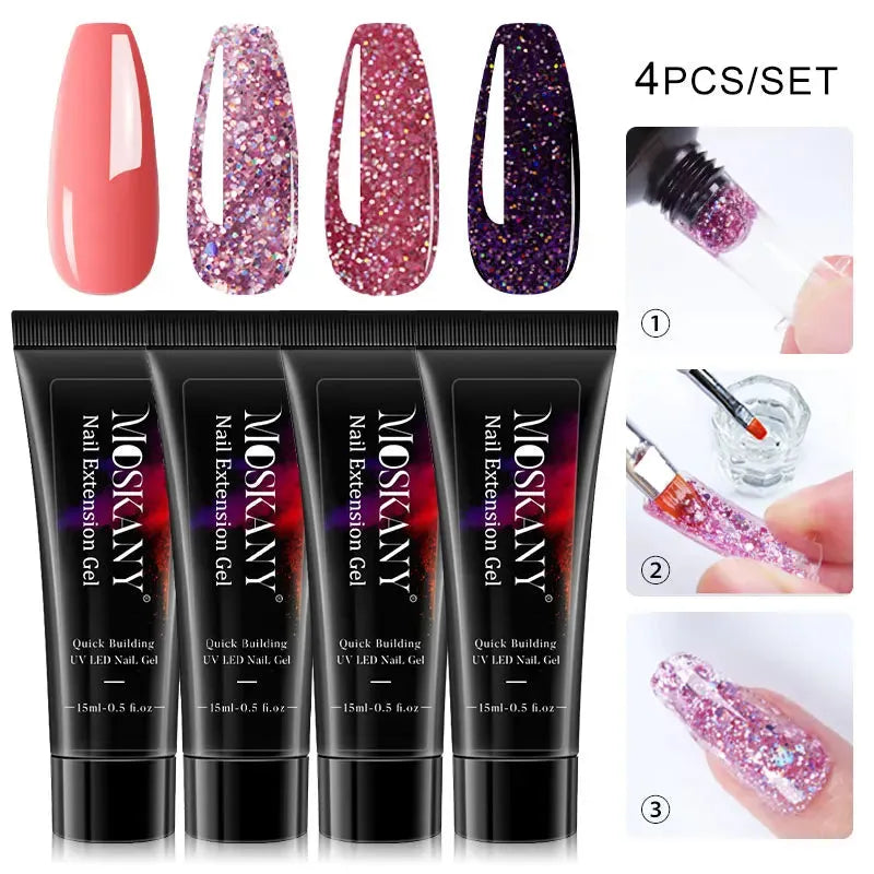 15ml Poly Nail Gel Full Set For Extention Nail Glitter Solid Color Gel Polish Kit Set Acrylic Nail Beginner Manicure Tool Kits - Shop & Buy