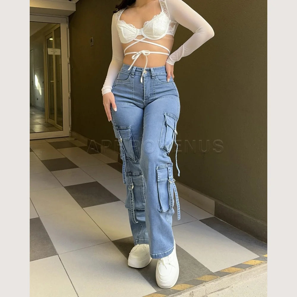 Women Straight Jeans Mid Waist Pocket Design Denim Pants Y2K Trousers Casual Pants