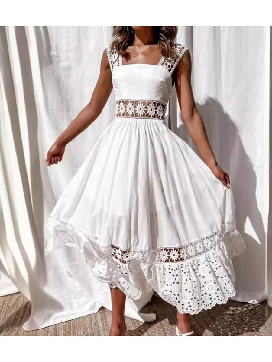 Women's Long Maxi Dress Elegant Sleeveless Solid Color Slip White Lace Frock Sexy Hollow Out One Piece Skirt Summer Beach Wear - Shop & Buy