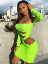 Load image into Gallery viewer, Neon Green Off Shoulder Tight Robe for Women Sexy Nightclub Full Sleeve Hollow Out Party Skinny Mini Dresses
