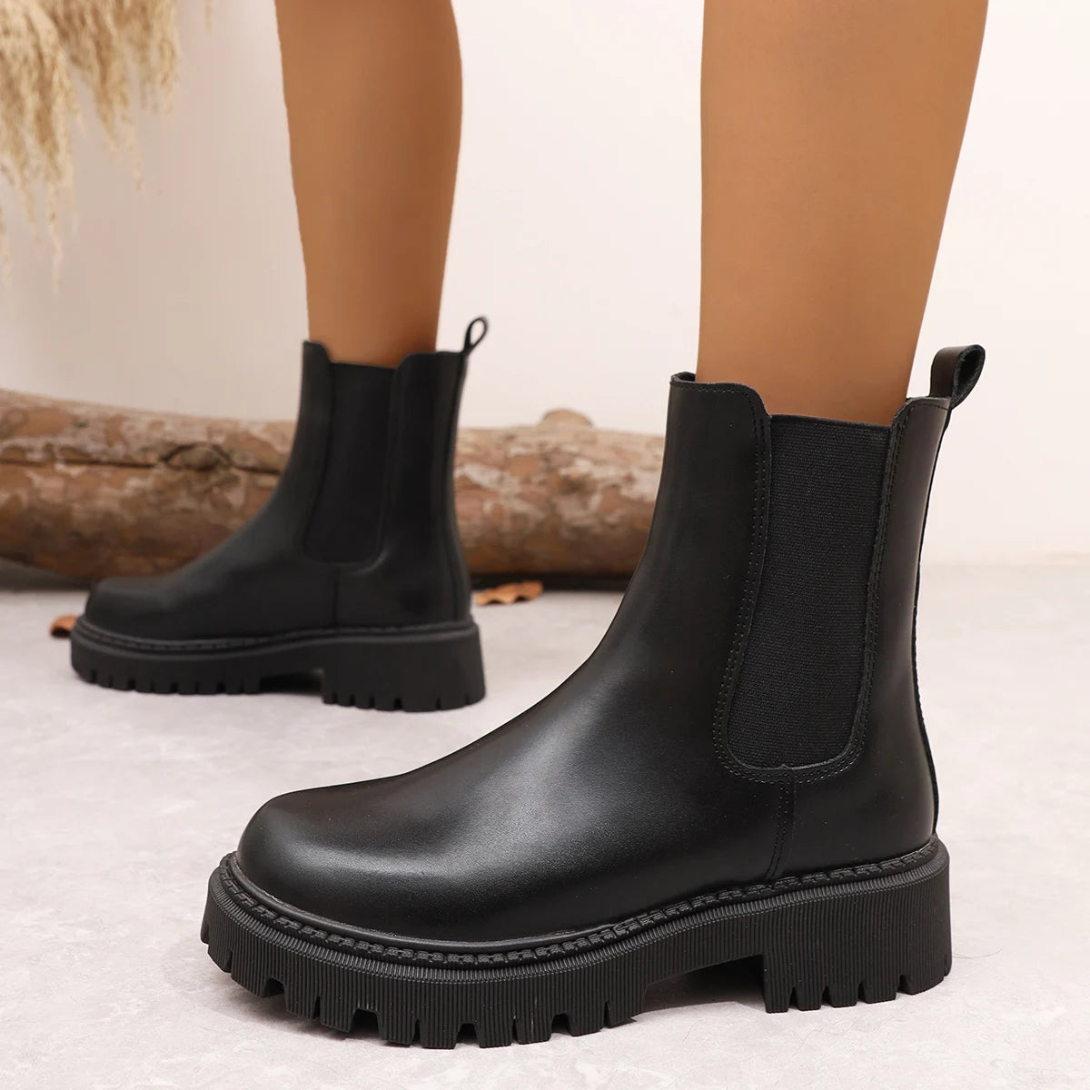 Women's Platform Black Chelsea Boots Fashion Round Toe Elastic Slip On Short Boots - Shop & Buy