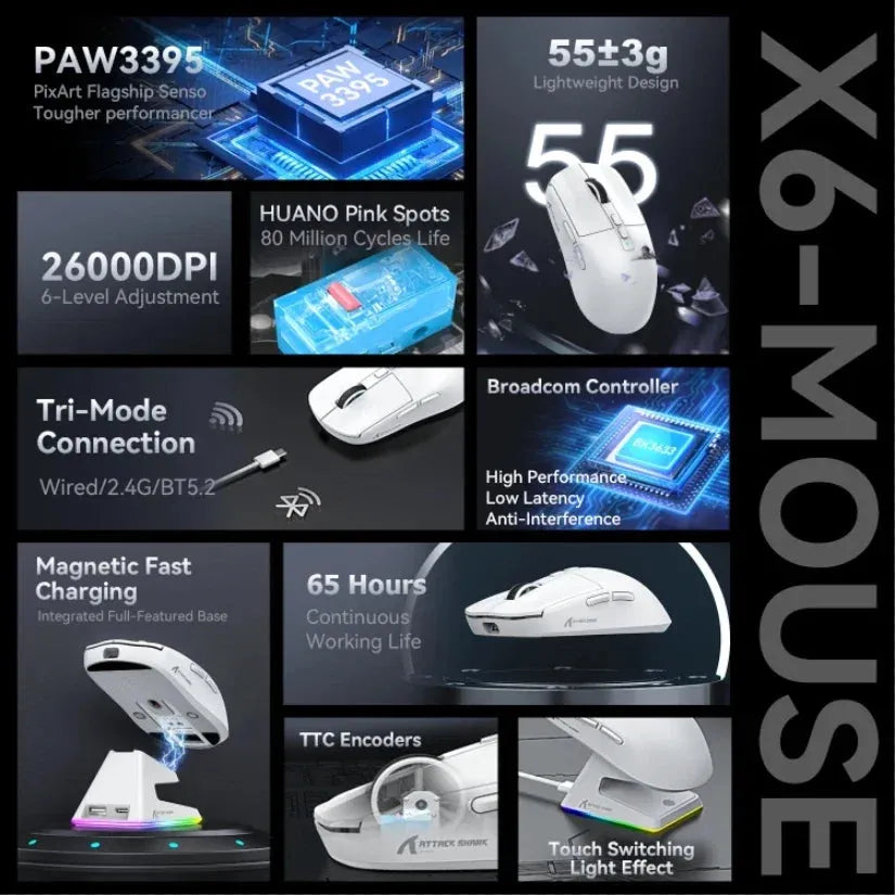 X6 PAW3395 Bluetooth Mouse , Tri-Mode Connection, RGB Touch Magnetic Charging Base, Macro Gaming Mouse - Shop & Buy