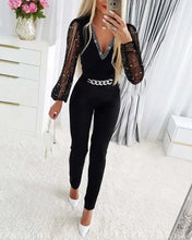 Load image into Gallery viewer, Deep V Neck Mesh Long Sleeve Jumpsuit One Piece Overall Women Black Elegant
