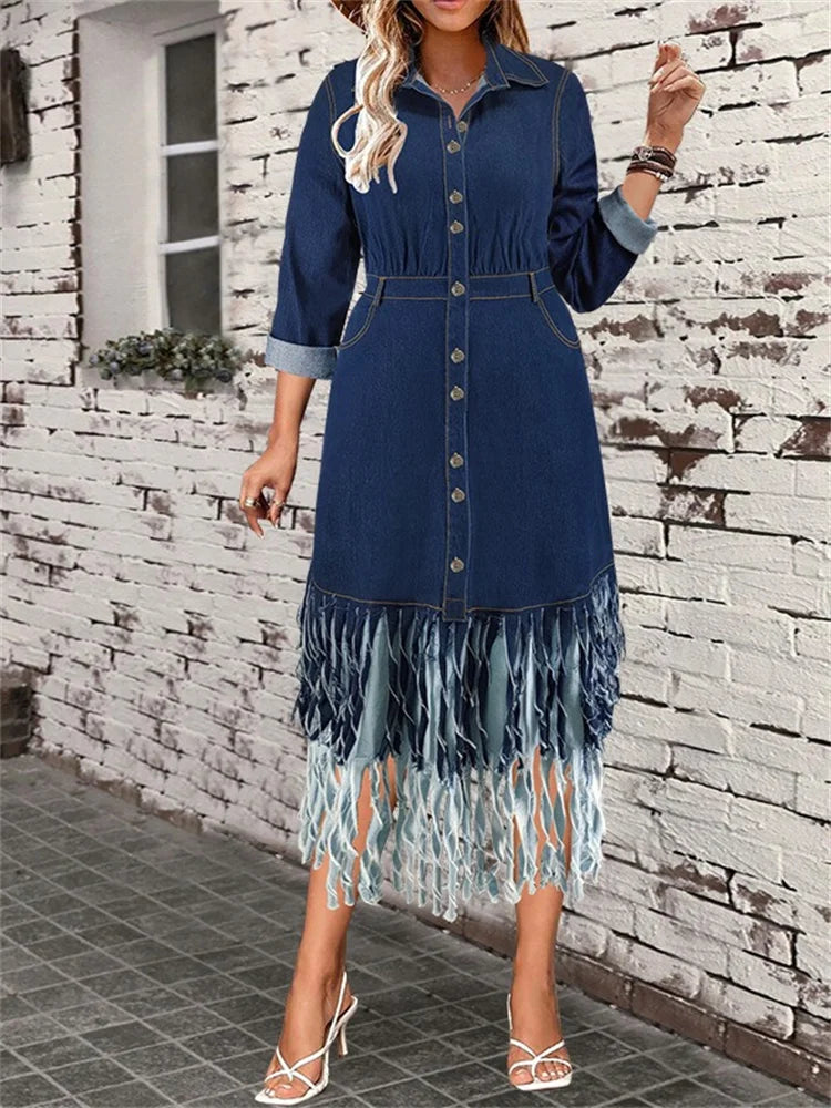 Plus Size Denim Dresses Women Long Sleeve Button Pockets Pathwork Tassel Maxi Dress Fall Clothes