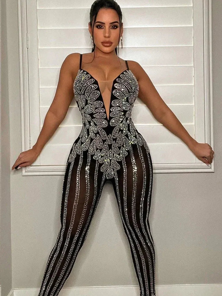 Women's Sparkle Black Rhinestone Spaghetti Straps Jumpsuits Glam Sleeveless Sheer Mesh Crystal Romper Clubwear - Shop & Buy