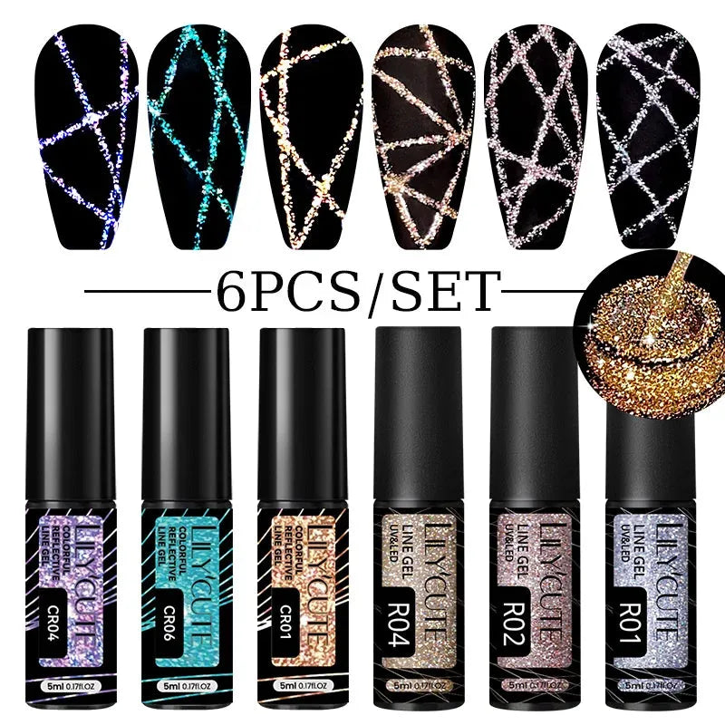 6Pcs/Set Reflective Colorful Liner Gel Nail Polish Kit Sparkling Glitter Flower Drawing Painting Stripe Pull Line Gel - Shop & Buy