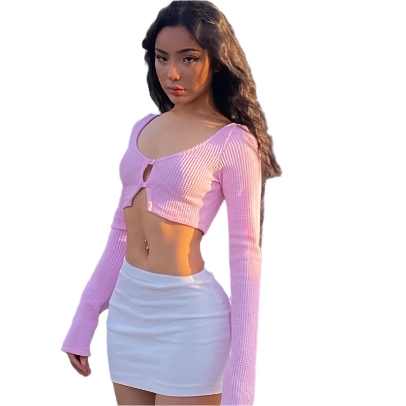 Y2K Pink Ribbed Knit Crop Top French Gentle Long Sleeves Cardigan T Shirt Sexy High-waist Slim Tops - Shop & Buy