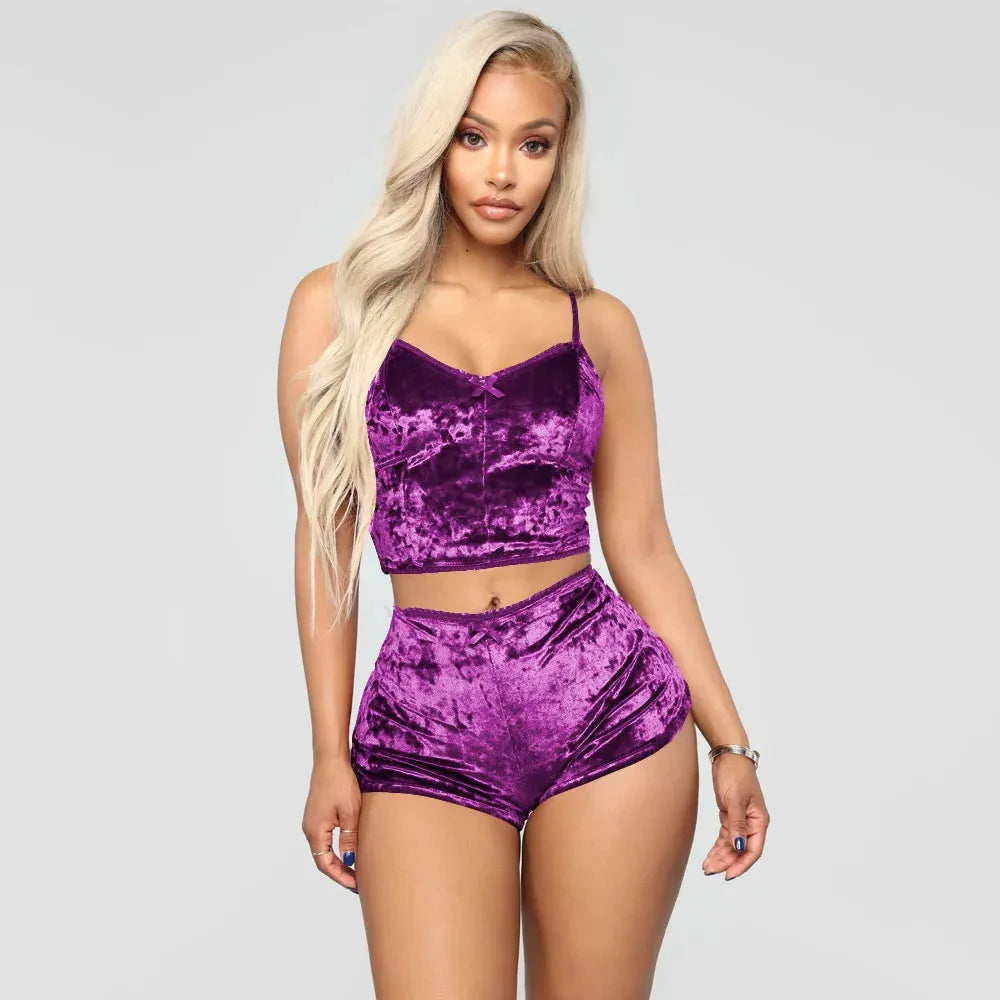 Women's Velvet Polyester Comfortable V-neck Underwear Setcamisole+shorts Pajamas Set - Shop & Buy