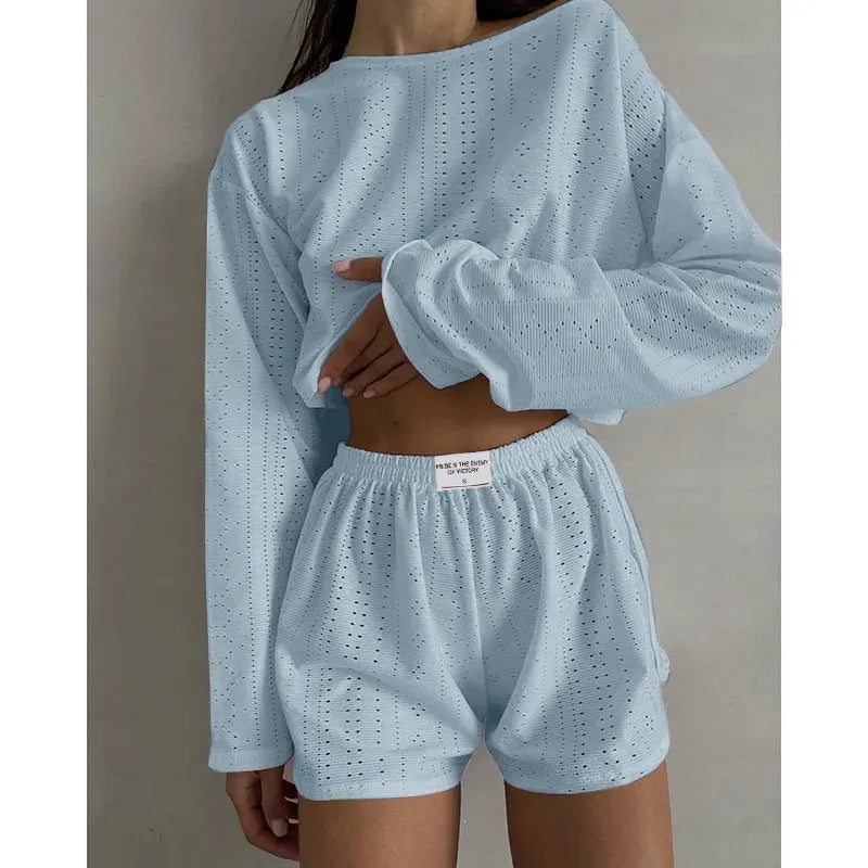 Women's Pajamas Set Spring Long Sleeve Tops With Shorts Sleepwear 2 Piece Set Loose Round Neck Home Wear - Shop & Buy