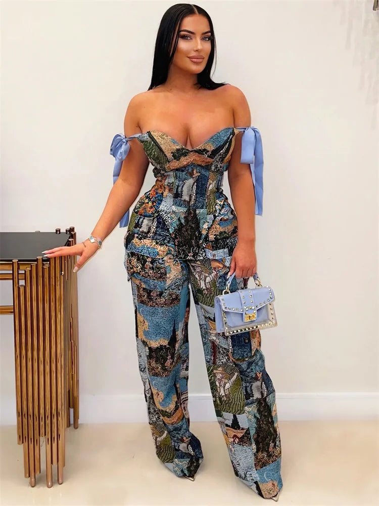 2 Piece Sets Women Sexy Printed Oil Painting Pattern Strap Drawstring Multi Pocket Pants Set