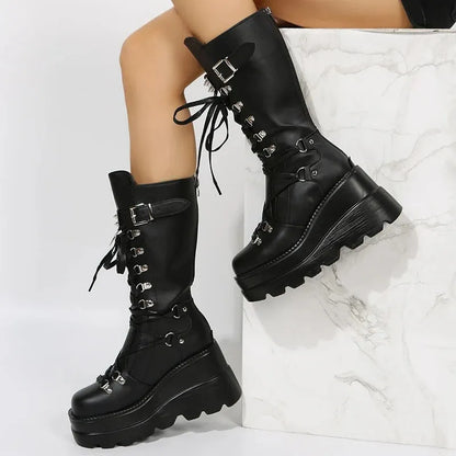 Women's Goth Platform Motorcycle Boots Punk Rivet Buckle Strap Combat Booties for Women Thick Bottom Wedge Heels Mid Calf Boots - Shop & Buy