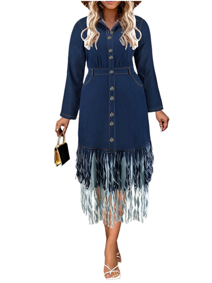 Plus Size Denim Dresses Women Long Sleeve Button Pockets Pathwork Tassel Maxi Dress Fall Clothes