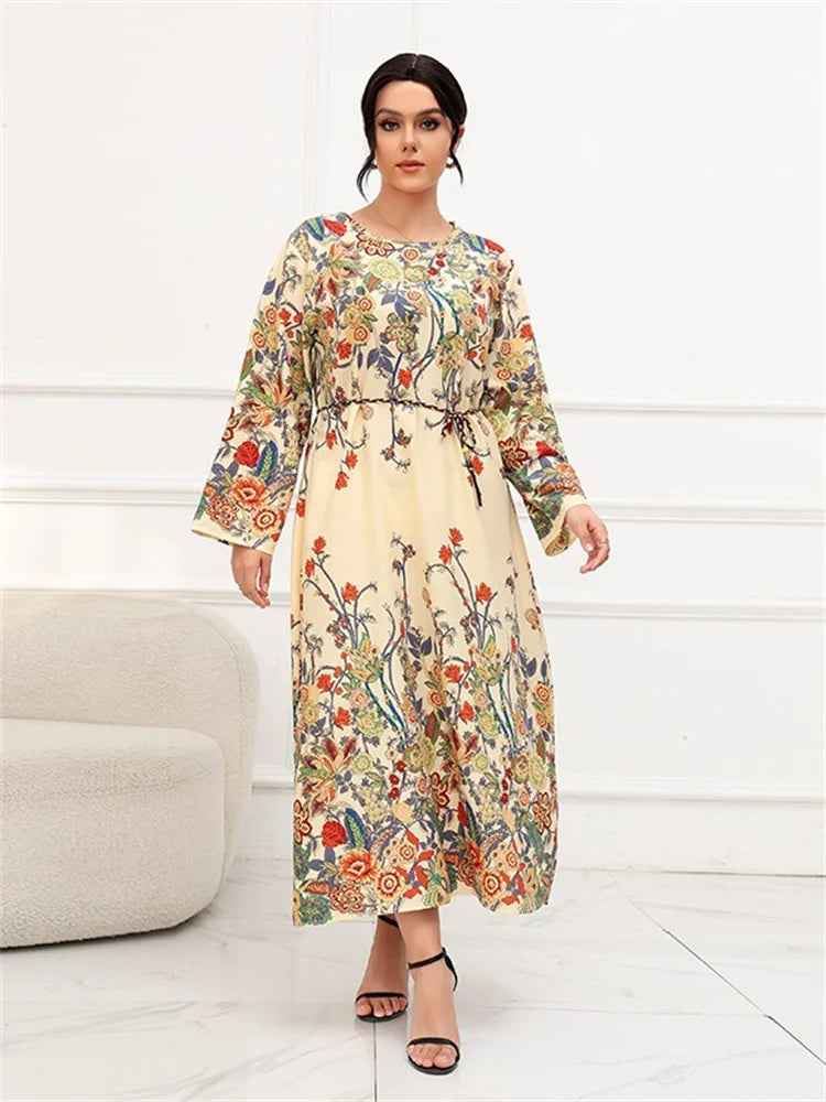 Plus Size Dresses for Women O Neck Elegant Lady Print Loose Casual Long Sleeve Fall Maxi Dress