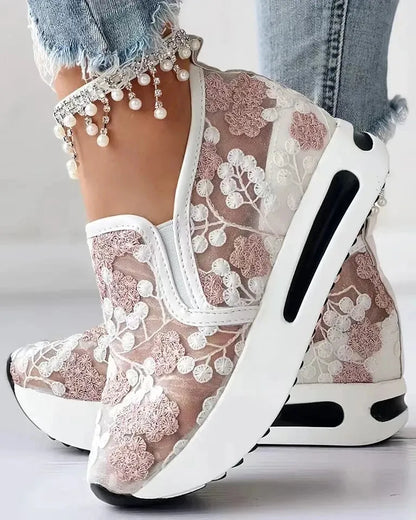 Women's Sneakers Floral Embroidery Mesh Sneakers for Women Slip on Casual Comfy Heeled Shoes - Shop & Buy