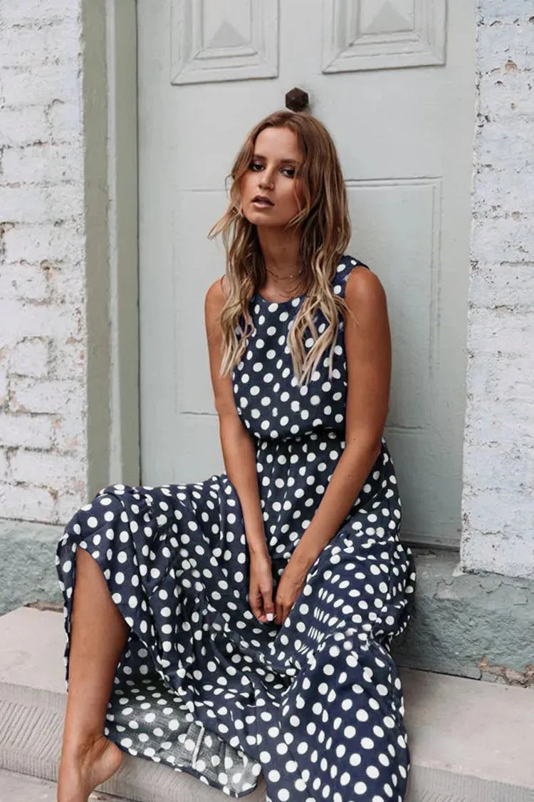 Women Y2K Long Skirt Printed Polka Dot Dress Round Neck Tank Skirt Elegant Female Dress Summer Sleeveless Outfits - Shop & Buy