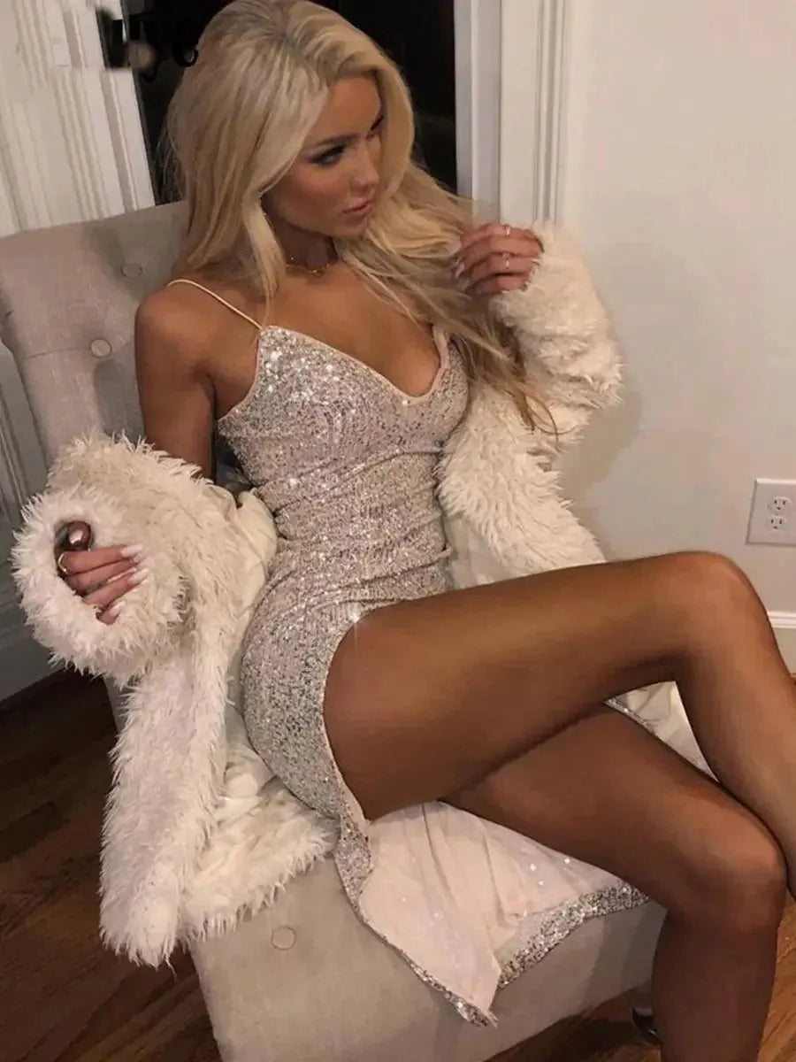 Women's Sexy Evening Party Sequined Glitter Silver Deep V-neck Thin Spaghetti Straps High Split Bodycon Long Dress - Shop & Buy