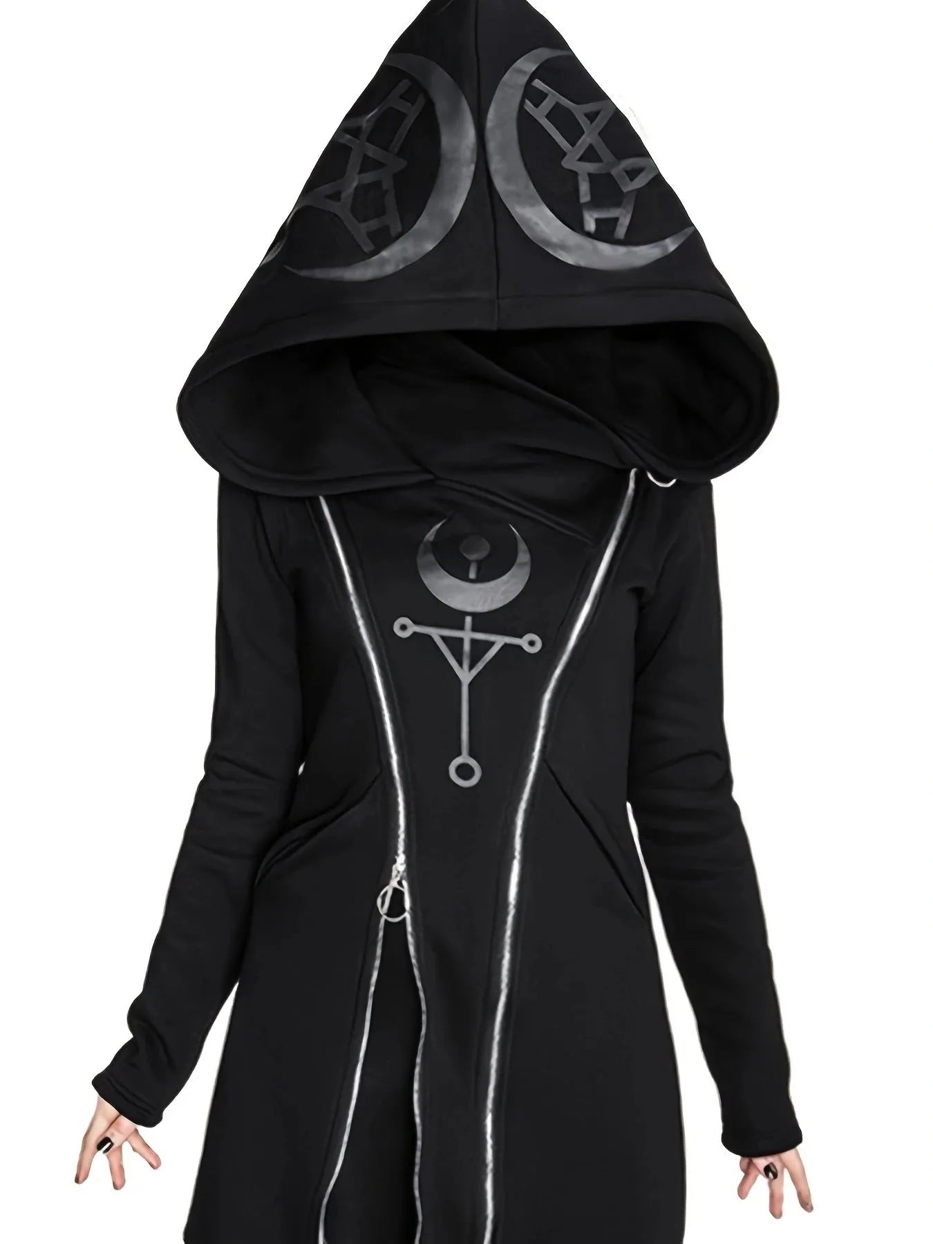 Women's Gothic Zip-Up Hooded Jacket | Sun Moon Geometric Print | Durable All-Season Streetwear - Shop & Buy