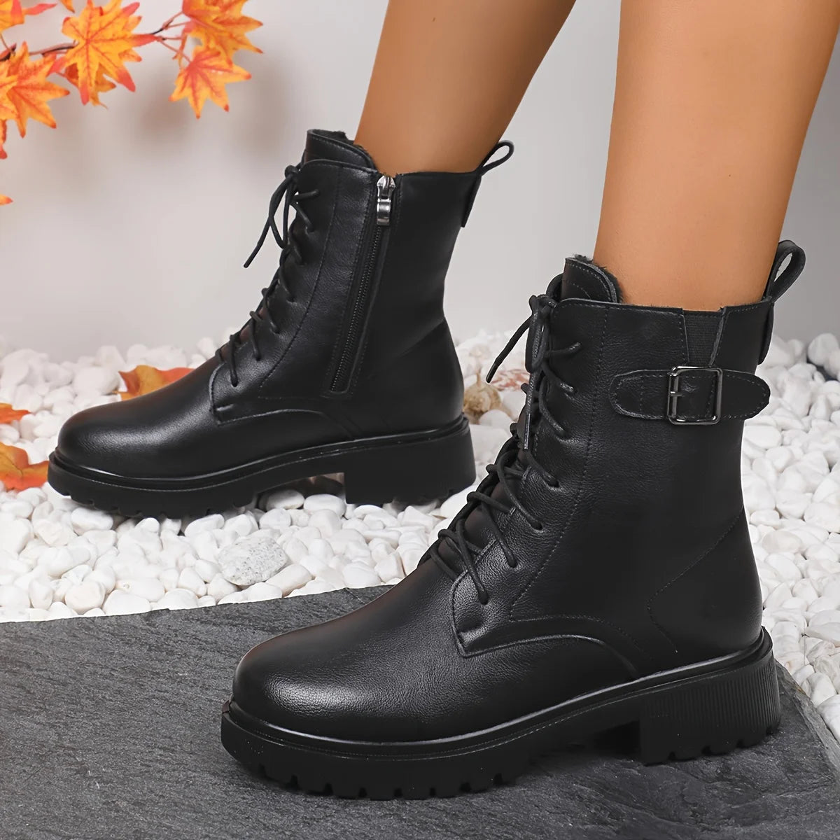 Women's Black Platform Ankle Boots Fashion Buckle Decor Lace Up Motorcycle Boots - Shop & Buy