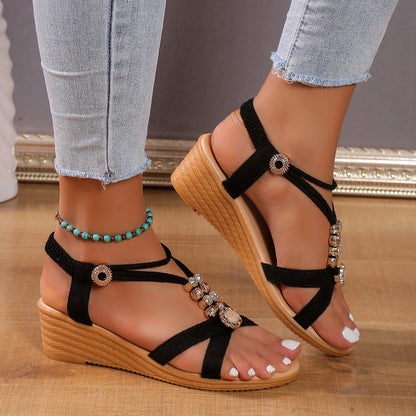 Bohemian Style Beaded Wedge Sandals for Women Summer Cross Strap Gladiator Sandals Woman Comfortable Non Slip Beach Shoes