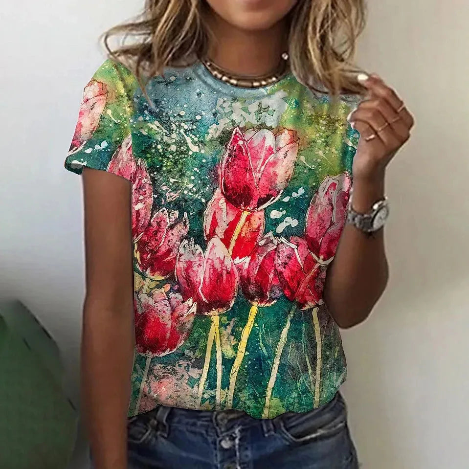 Women's T-shirts Fashion Floral Theme T Shirt Floral Plants Tees Summer Clothing - Shop & Buy