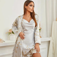 Load image into Gallery viewer, Four Pieces Pajamas Set Printed Little Cherry Sleepwear Women Satin Nightgown With Suspender
